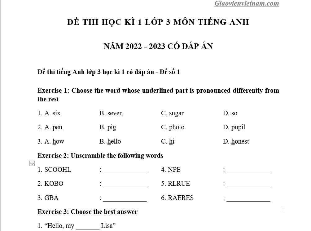 Đề thi tiếng anh lớp 3 học kì 1 có gì mới? Cập nhật ngay để không bỏ lỡ.