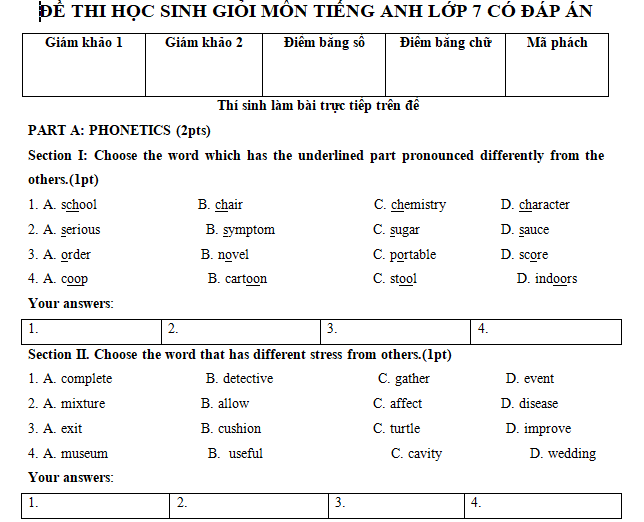 Chia sẻ kinh nghiệm làm đề thi học sinh giỏi tiếng anh lớp 7 từ các bạn đạt giải cao.