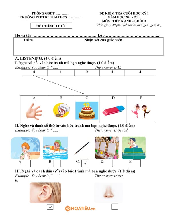 Cấu trúc đề thi tiếng Anh lớp 3 học kì 1 gồm những gì?