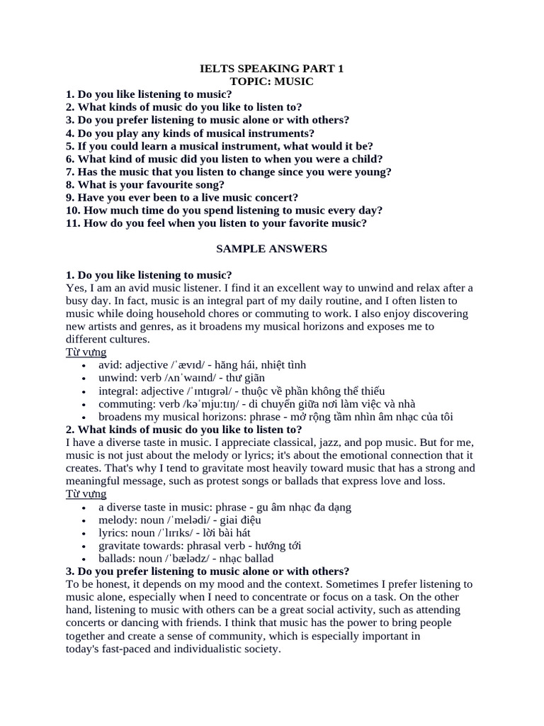 IELTS Speaking Music – Part 1, 2 & 3 Sample