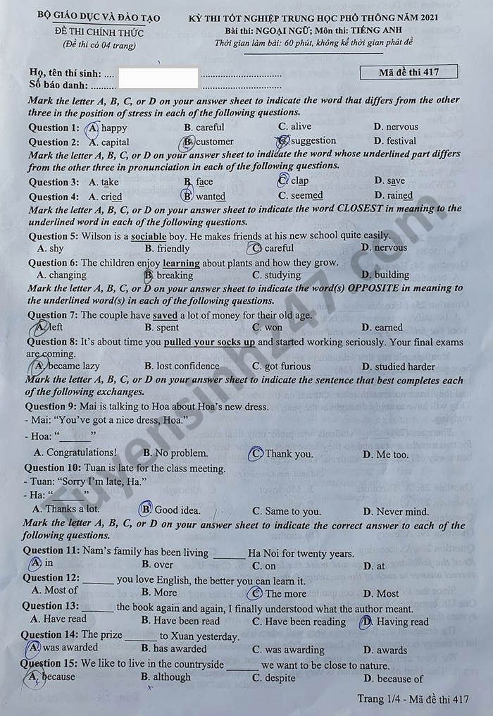GỢI Ý ĐÁP ÁN VÀ GIẢI ĐỀ CHI TIẾT MÔN TIẾNG ANH TỐT NGHIỆP THPT 2021
