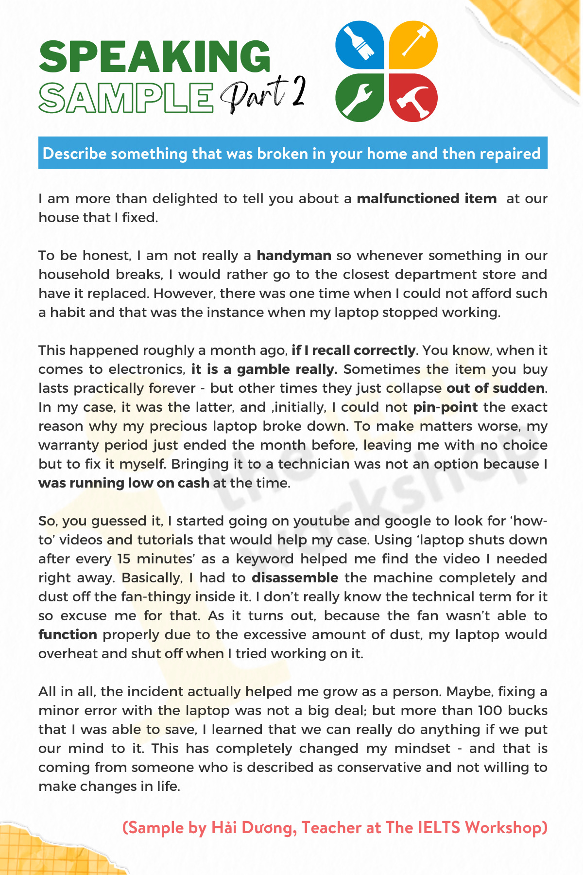 IELTS Speaking: Describe something that was broken in your home and then repaired