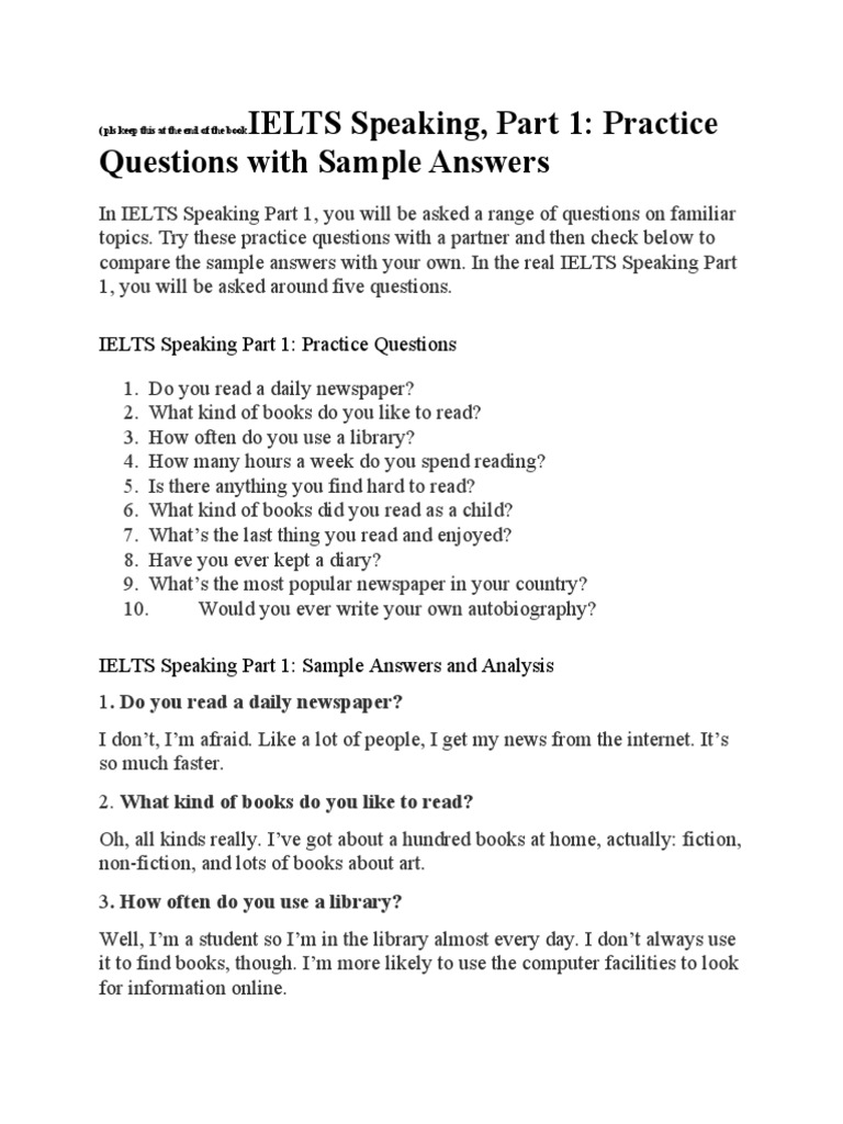 IELTS Speaking Library - Part 1, 2 & 3 Sample