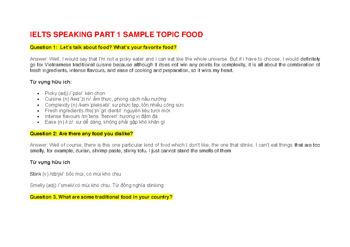 IELTS Speaking Food – Bài mẫu Part 1, 2 & 3 Sample & Answer