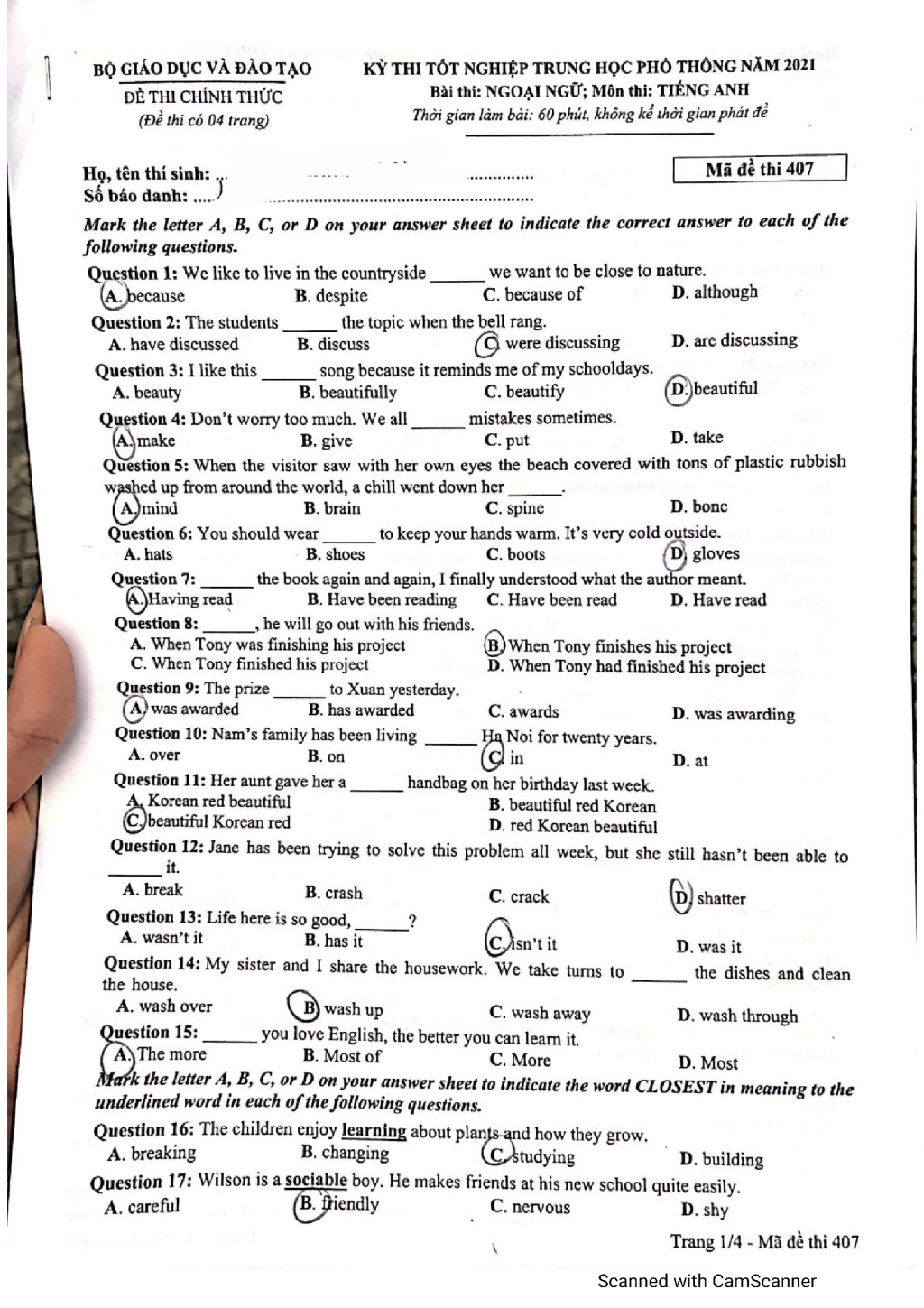 GỢI Ý ĐÁP ÁN VÀ GIẢI ĐỀ CHI TIẾT MÔN TIẾNG ANH TỐT NGHIỆP THPT 2021