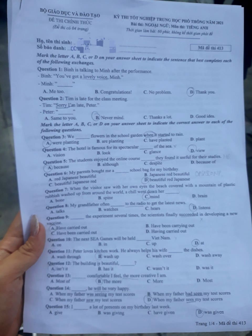 GỢI Ý ĐÁP ÁN VÀ GIẢI ĐỀ CHI TIẾT MÔN TIẾNG ANH TỐT NGHIỆP THPT 2021