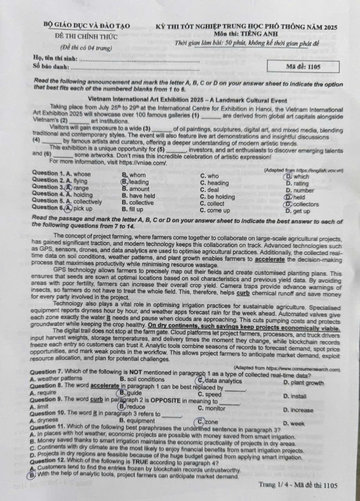 GỢI Ý ĐÁP ÁN VÀ GIẢI ĐỀ CHI TIẾT MÔN TIẾNG ANH TỐT NGHIỆP THPT 2021