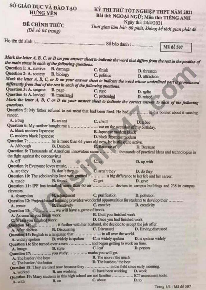 GỢI Ý ĐÁP ÁN VÀ GIẢI ĐỀ CHI TIẾT MÔN TIẾNG ANH TỐT NGHIỆP THPT 2021