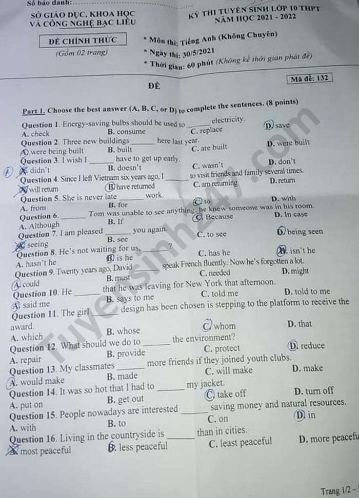 GỢI Ý ĐÁP ÁN VÀ GIẢI ĐỀ CHI TIẾT MÔN TIẾNG ANH TỐT NGHIỆP THPT 2021