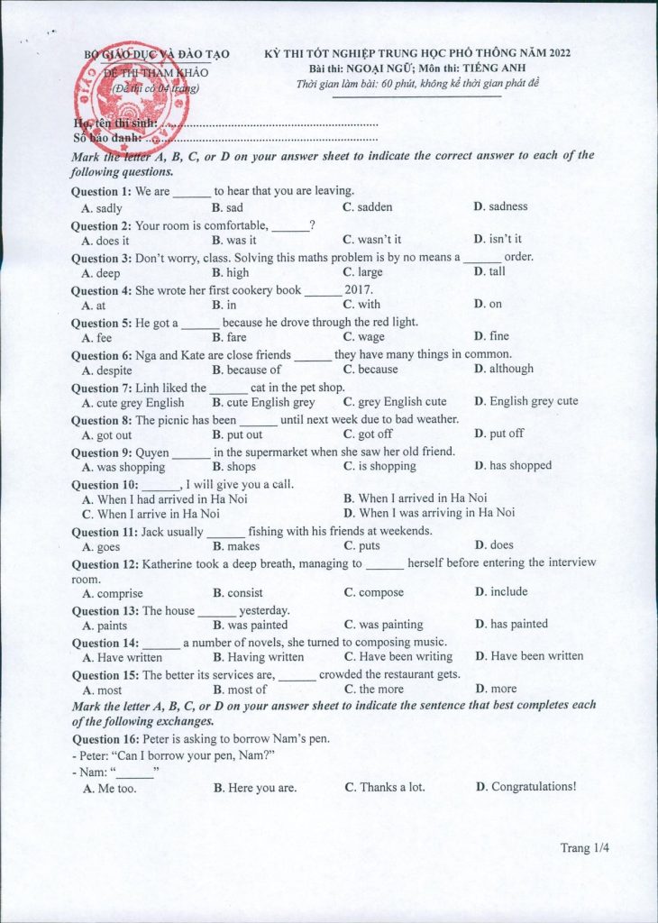 GỢI Ý ĐÁP ÁN VÀ GIẢI ĐỀ CHI TIẾT MÔN TIẾNG ANH TỐT NGHIỆP THPT 2021