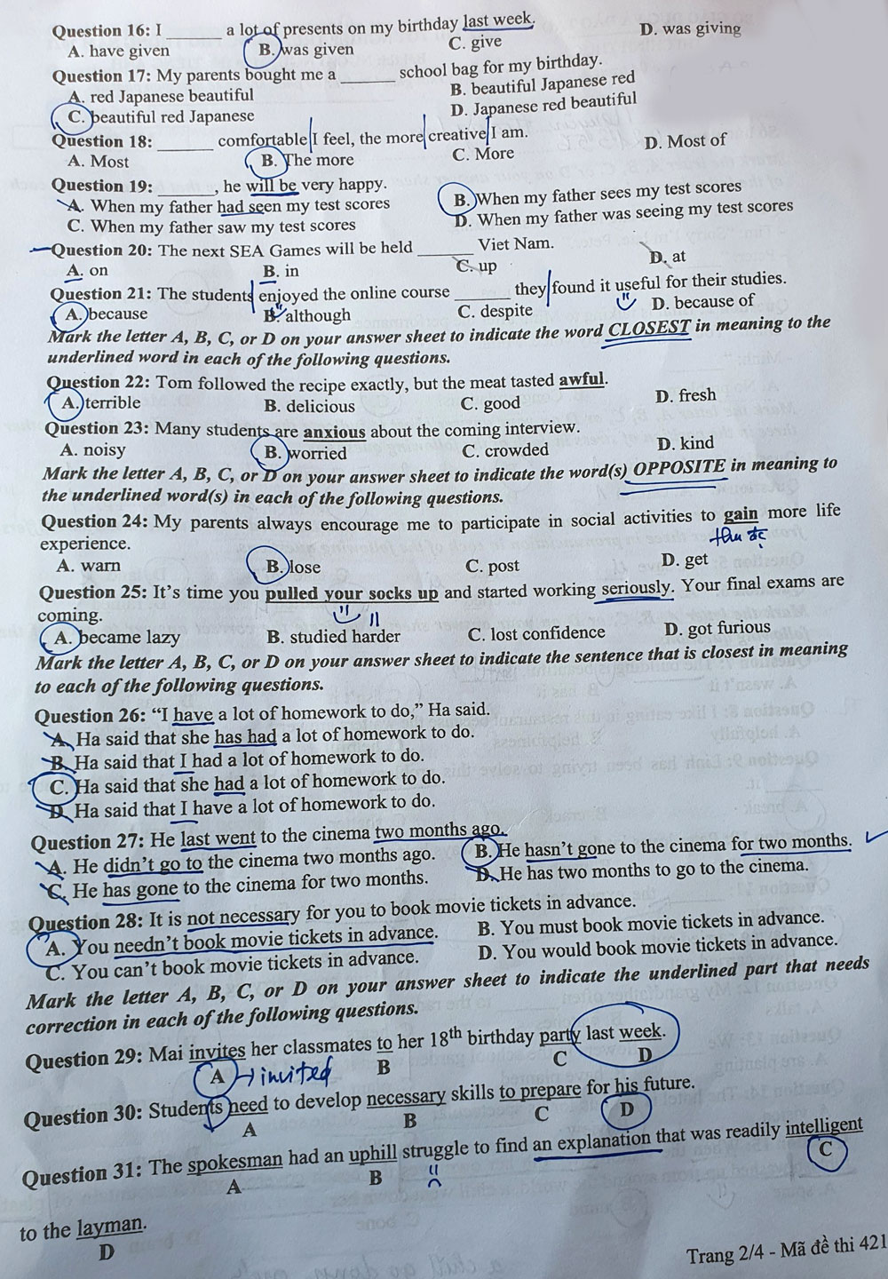 GỢI Ý ĐÁP ÁN VÀ GIẢI ĐỀ CHI TIẾT MÔN TIẾNG ANH TỐT NGHIỆP THPT 2021