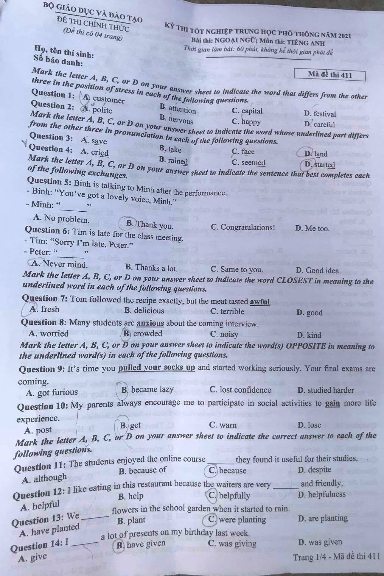 GỢI Ý ĐÁP ÁN VÀ GIẢI ĐỀ CHI TIẾT MÔN TIẾNG ANH TỐT NGHIỆP THPT 2021