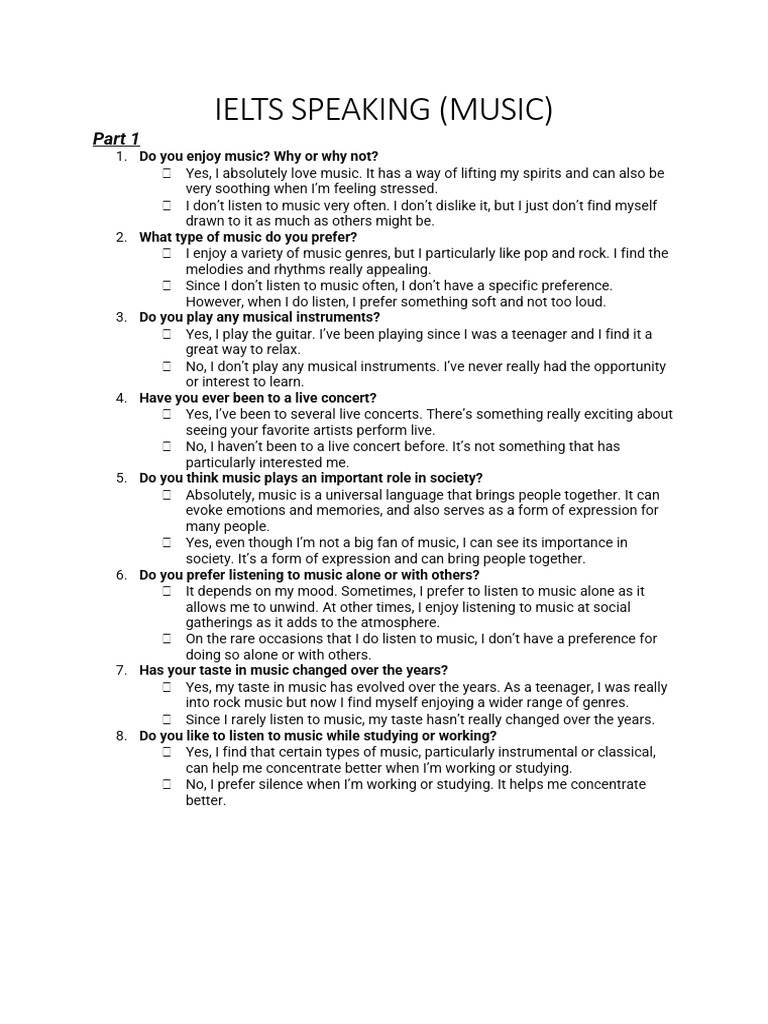 IELTS Speaking Music – Part 1, 2 & 3 Sample