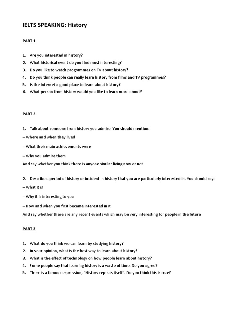 IELTS Speaking History – Sample Part 1, 2 & 3
