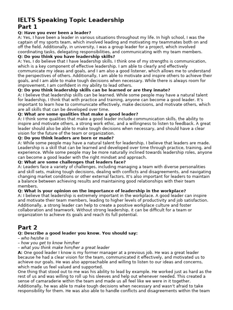 IELTS Speaking Topic Leadership - Part 1, 2 & 3 Sample