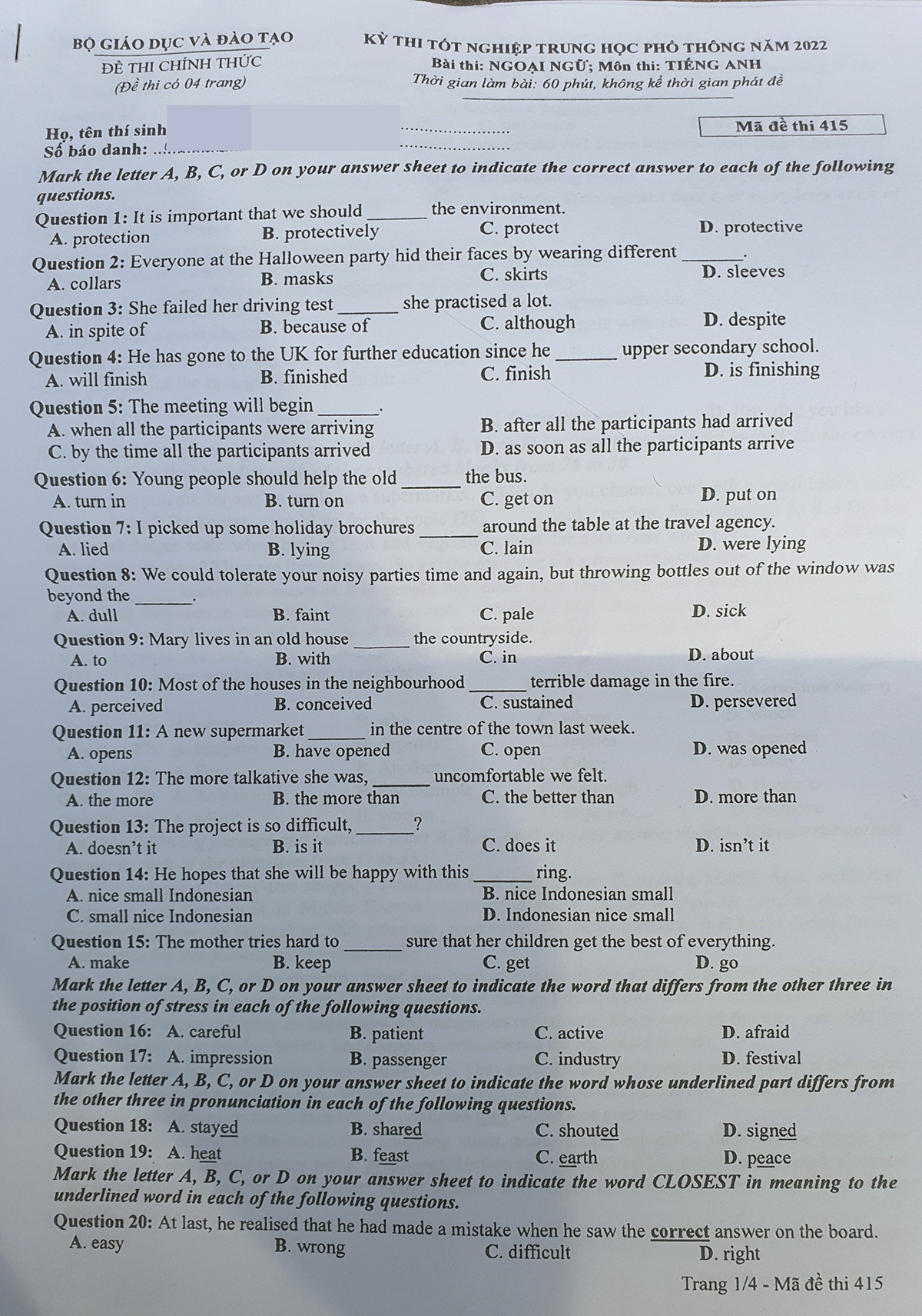 GỢI Ý ĐÁP ÁN VÀ GIẢI ĐỀ CHI TIẾT MÔN TIẾNG ANH TỐT NGHIỆP THPT 2021