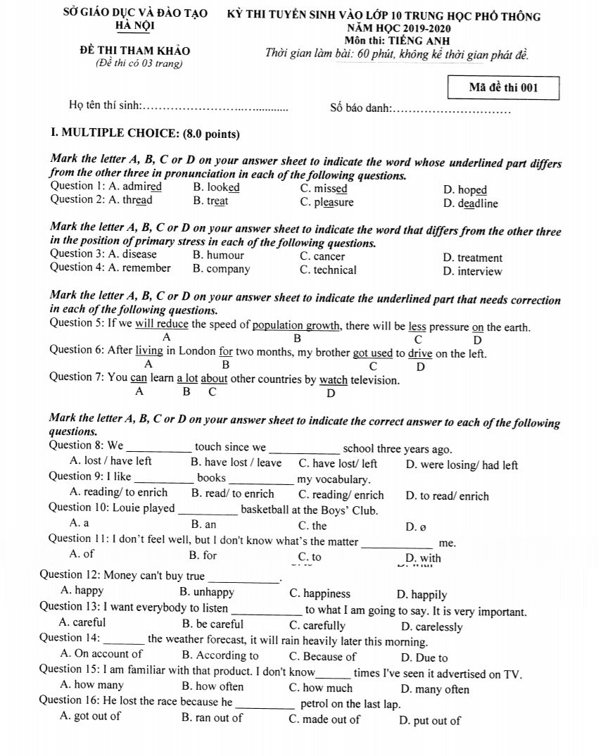 Tuyển tập đề thi vào 10 tiếng Anh Hà Nội có khó lắm không? Kinh nghiệm làm bài đạt điểm tối đa.