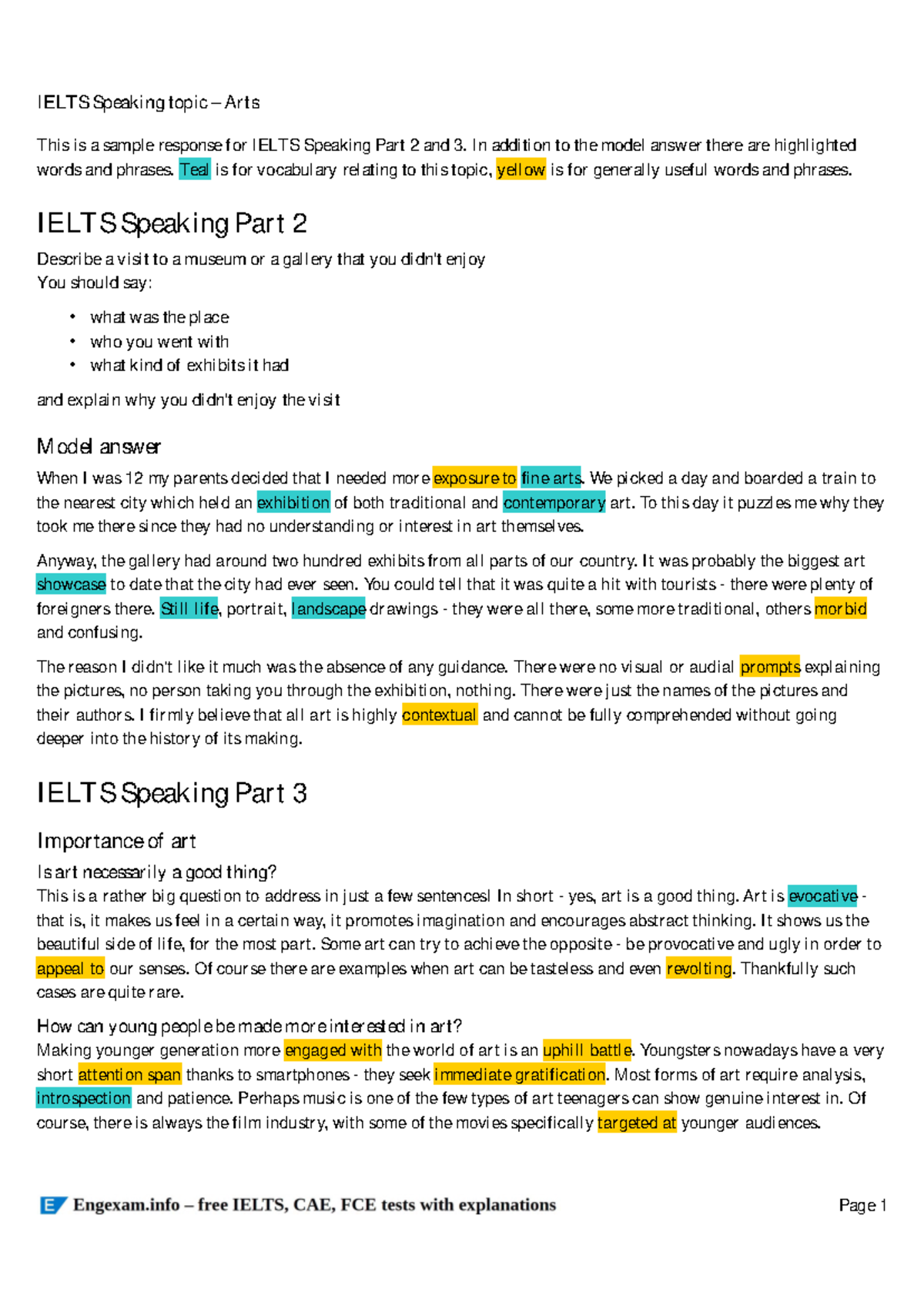 IELTS Speaking Art – Part 1, 2 & 3 Sample